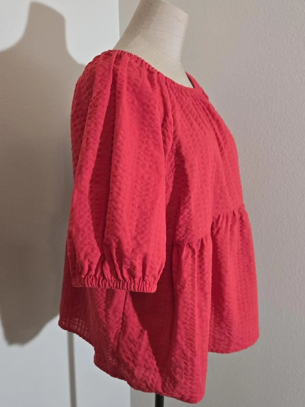 Red Peasant Blouse - Women's Puff Sleeve Top